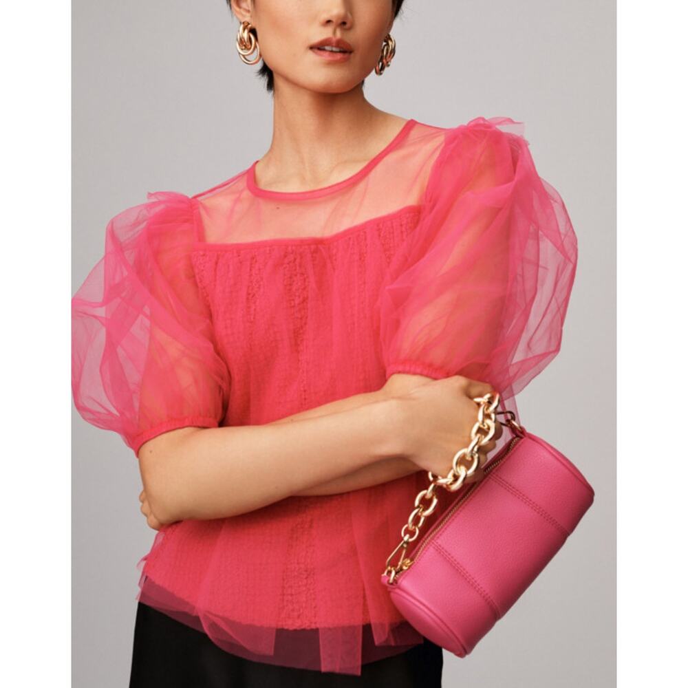 Anthropologie Pink Puff-Sleeve Mesh Blouse